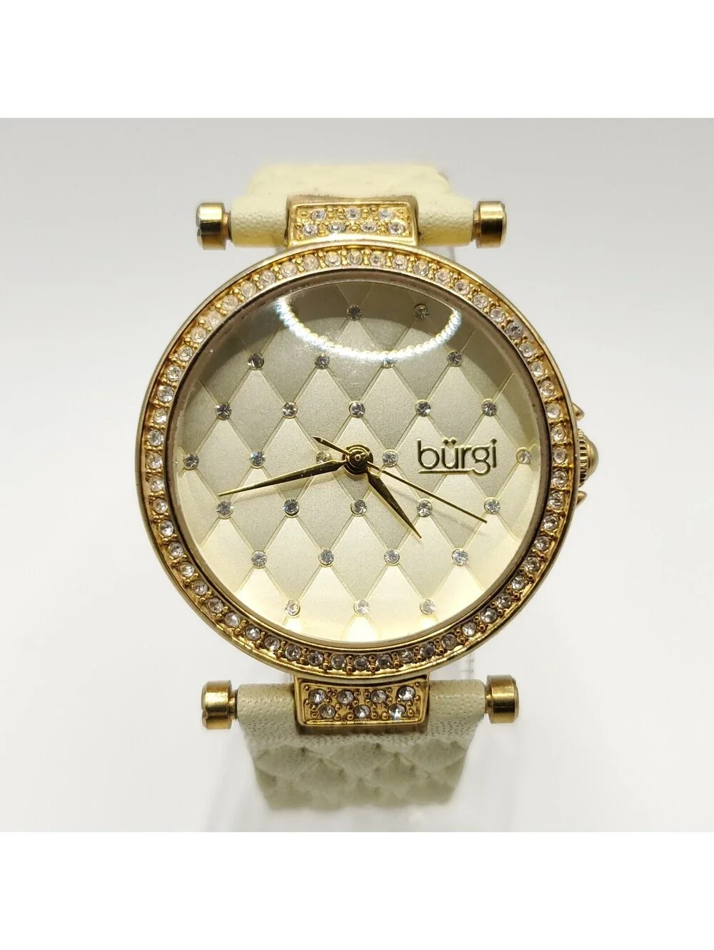 Burgi Quartz Womens Watch 31mm Gold Tone Rhinestone Bezel New Battery